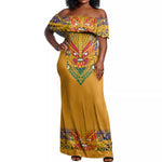 Haiti Flag Off Shoulder Maxi Dress Traditional Dashiki Yellow Color