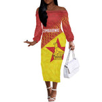 Custom Zimbabwe Cricket Off The Shoulder Long Sleeve Dress Flame Warriors Zimbabwe Spirit - African Pride