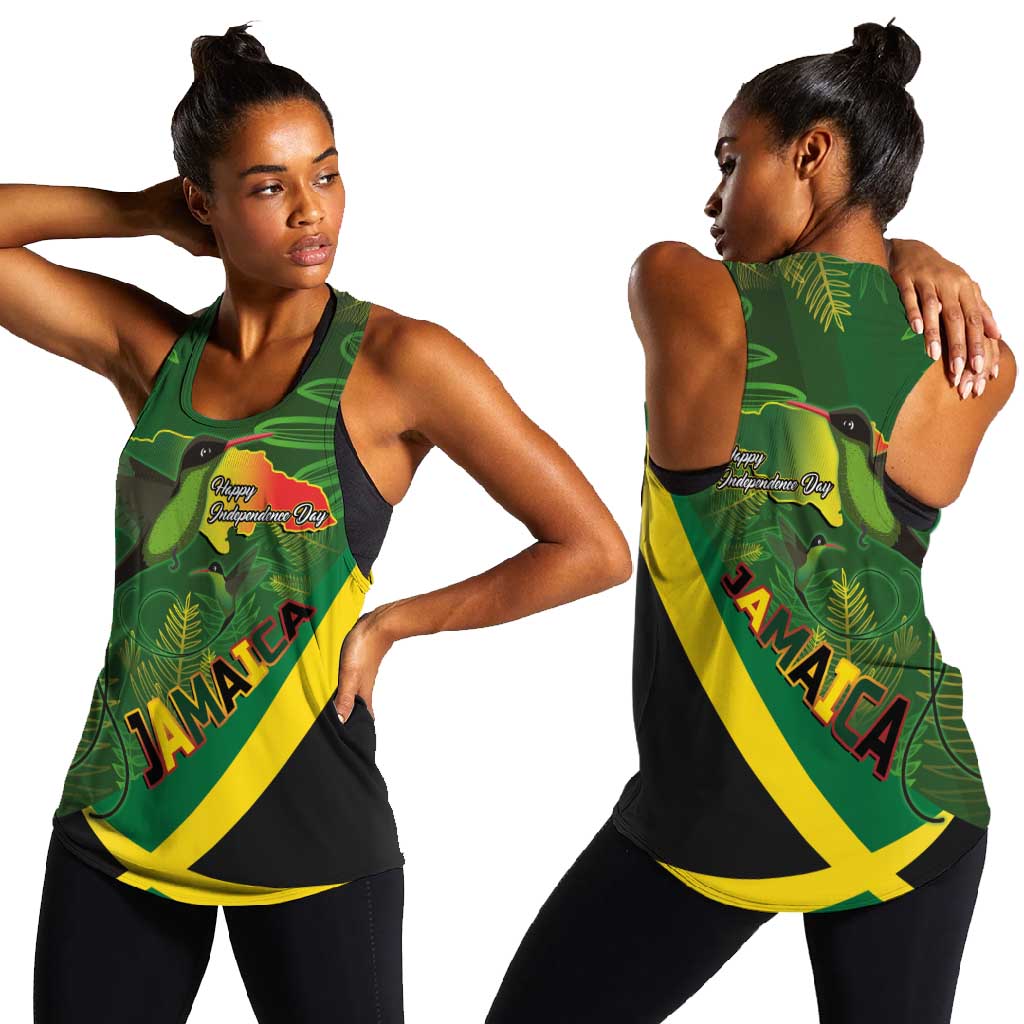 Afro Jamaica Independence Day Women Racerback Tank Swallow-tail Hummingbird with Tropical Plants - African Pride