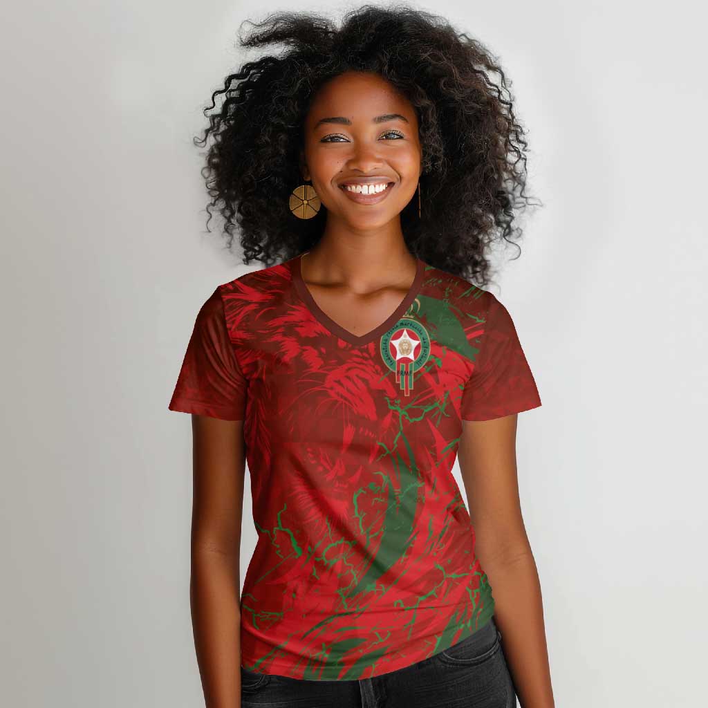 Morocco National Football Custom Women V-Neck T-Shirt Atlas Lions Sporty Grunge Style - African Pride