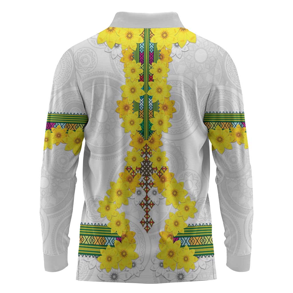 Enkutatash Ethiopia New Year Long Sleeve Polo Shirt Tilet Pattern With Adey Abeba Flowers