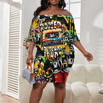 Raised On Hip Hop Off Shoulder Short Dress Graffiti Art Style - African Pride