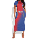Custom Cape Verde Football Short Sleeve Bodycon Dress Blue Sharks Make History - African Pride