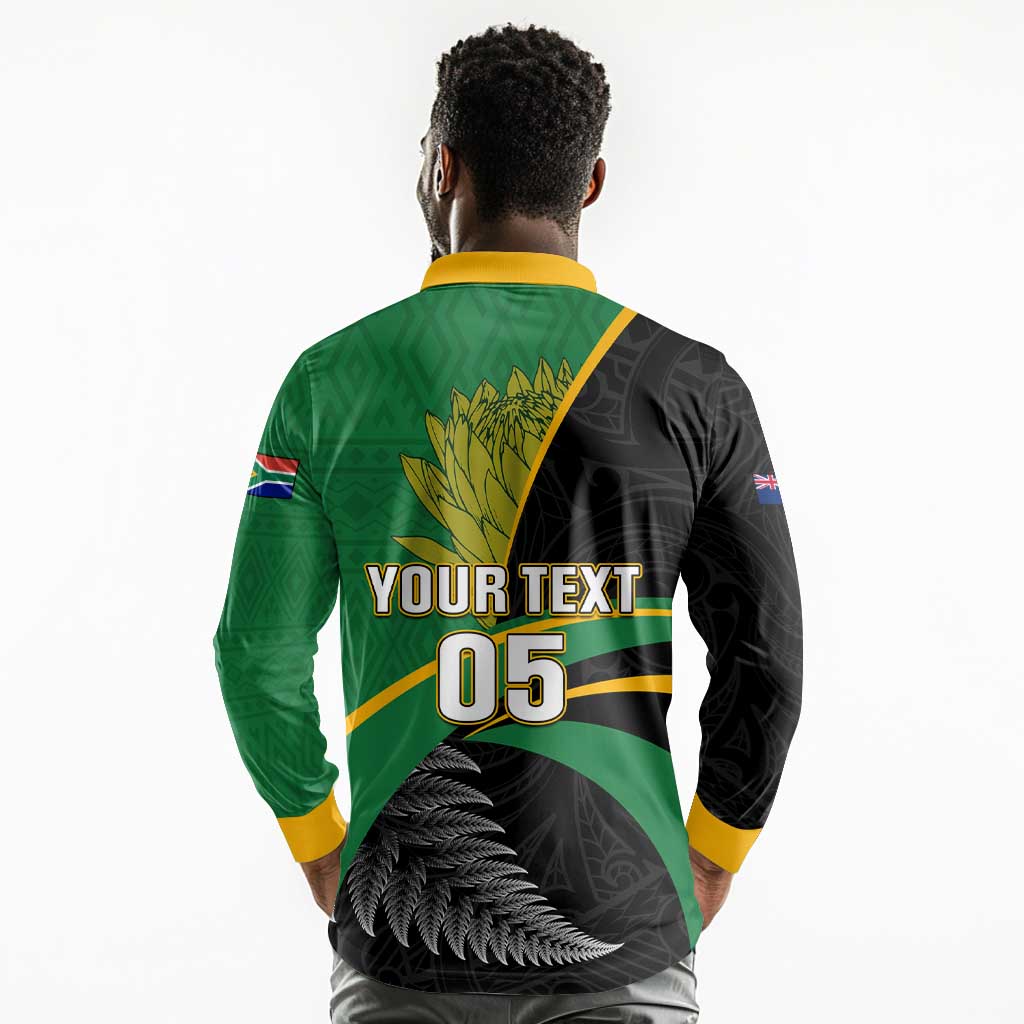 Custom New Zealand And South Africa Rugby Long Sleeve Polo Shirt 2023 Springboks Combine All Black Silver Fern