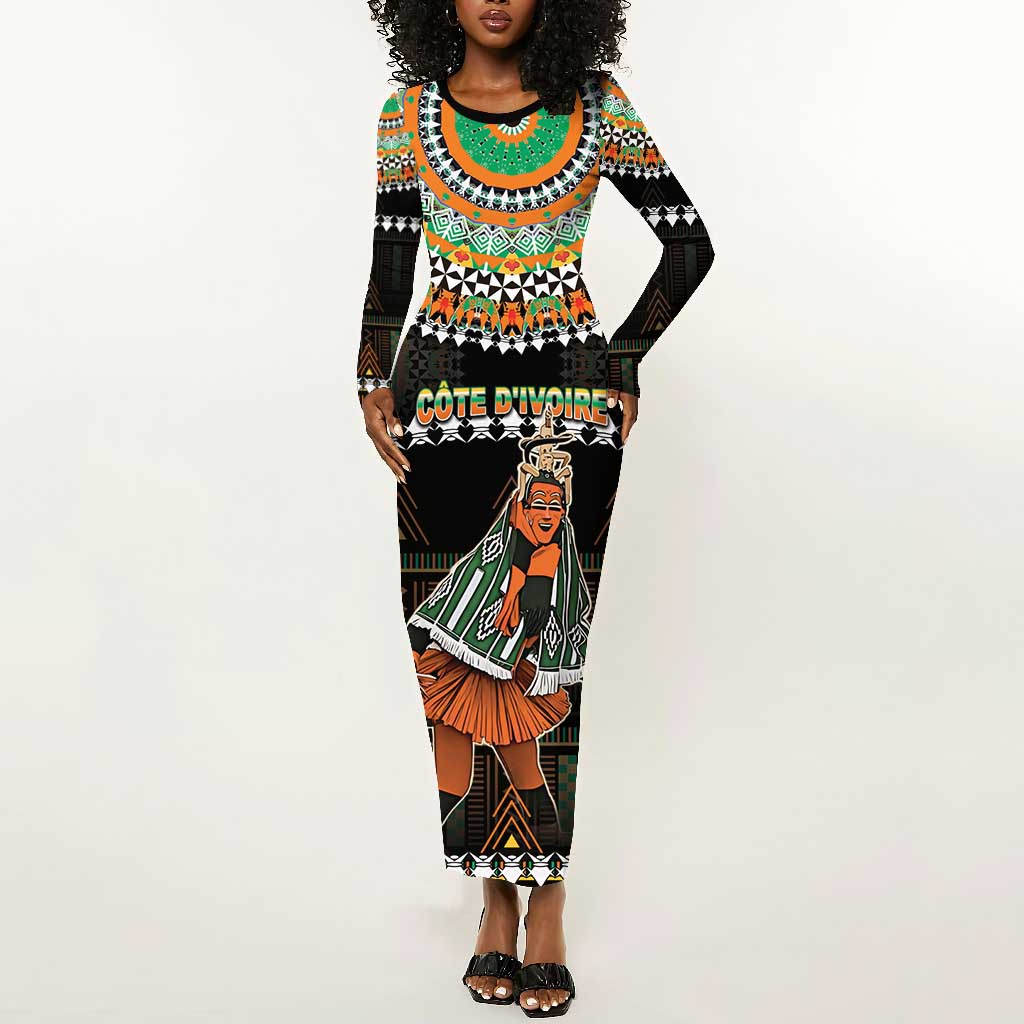 Ivory Coast Festival Of Masks Long Sleeve Bodycon Dress Traditional Zaouli Dance by AfricanPride Ivory Coast Festival Of Masks Long Sleeve Bodycon Dress Traditional Zaouli Dance by AfricanPride