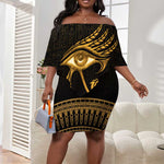 Ancient Egypt Gold Intricate Off Shoulder Short Dress Eye of Horus