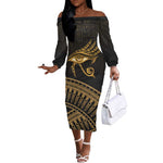 Ancient Egypt Gold Intricate Off The Shoulder Long Sleeve Dress Eye of Horus