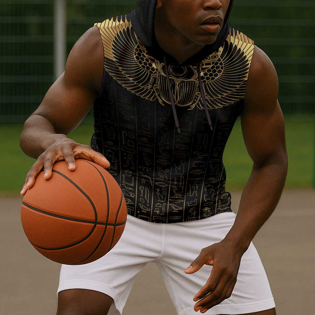 Ancient Egypt Sleeveless Hoodie Black Gold Scarab - African Pride