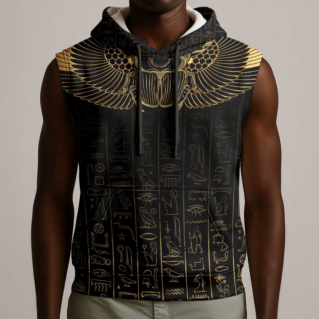 Ancient Egypt Sleeveless Hoodie Black Gold Scarab - African Pride