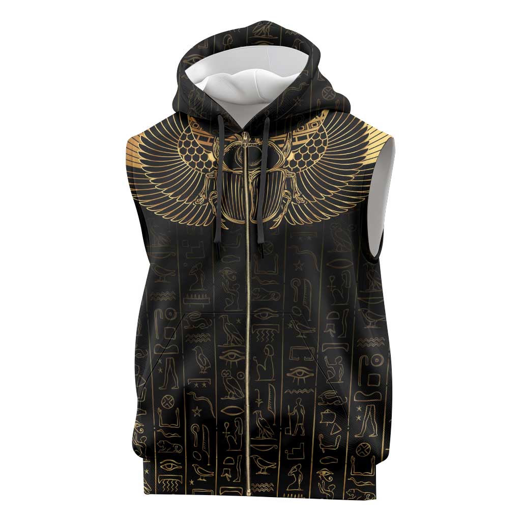 Ancient Egypt Sleeveless Zip Hoodie Black Gold Scarab - African Pride