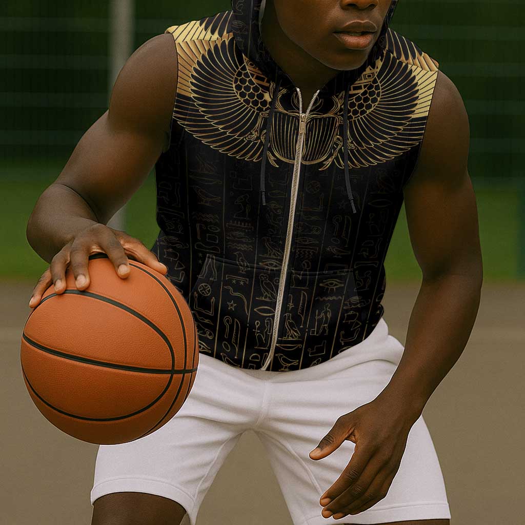 Ancient Egypt Sleeveless Zip Hoodie Black Gold Scarab - African Pride