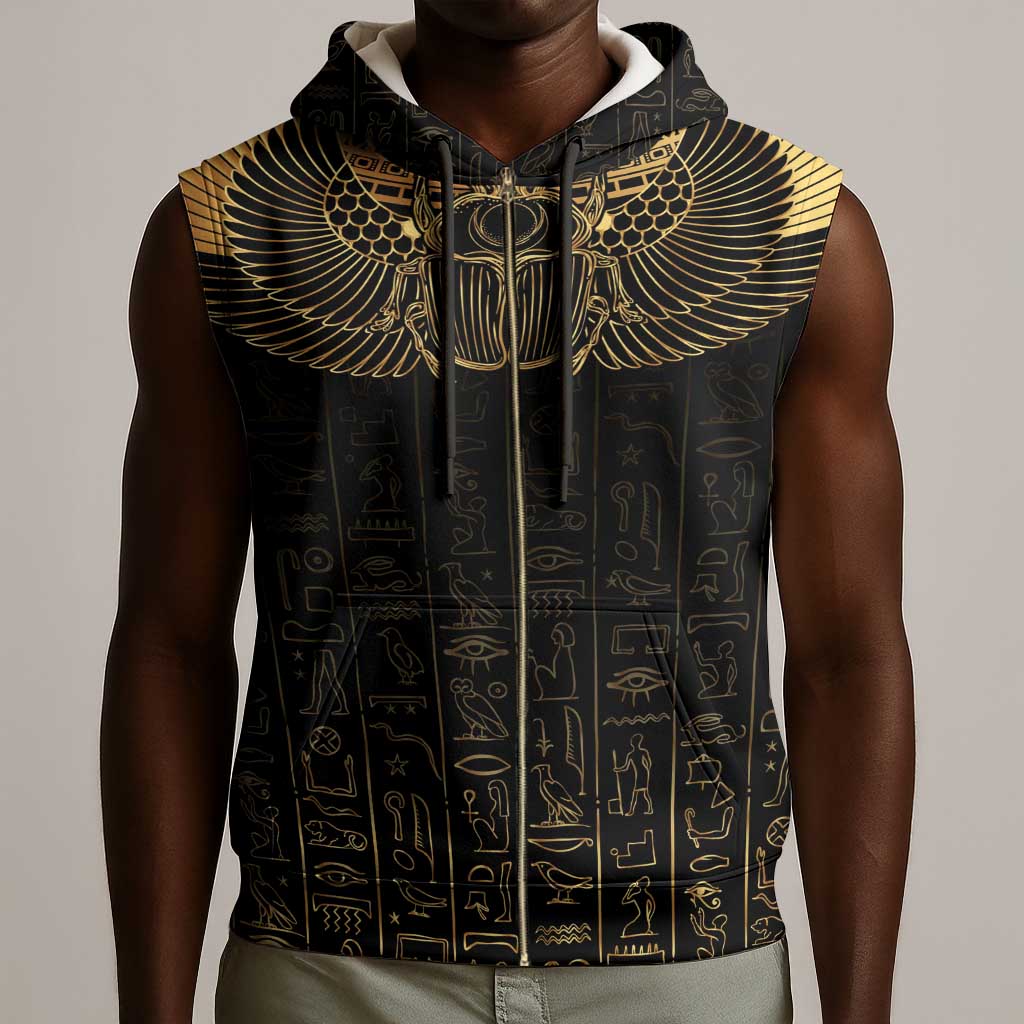 Ancient Egypt Sleeveless Zip Hoodie Black Gold Scarab - African Pride