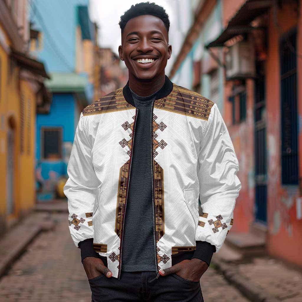 Eritrea Sleeve Zip Bomber Jacket Tilet Habesha Style - White