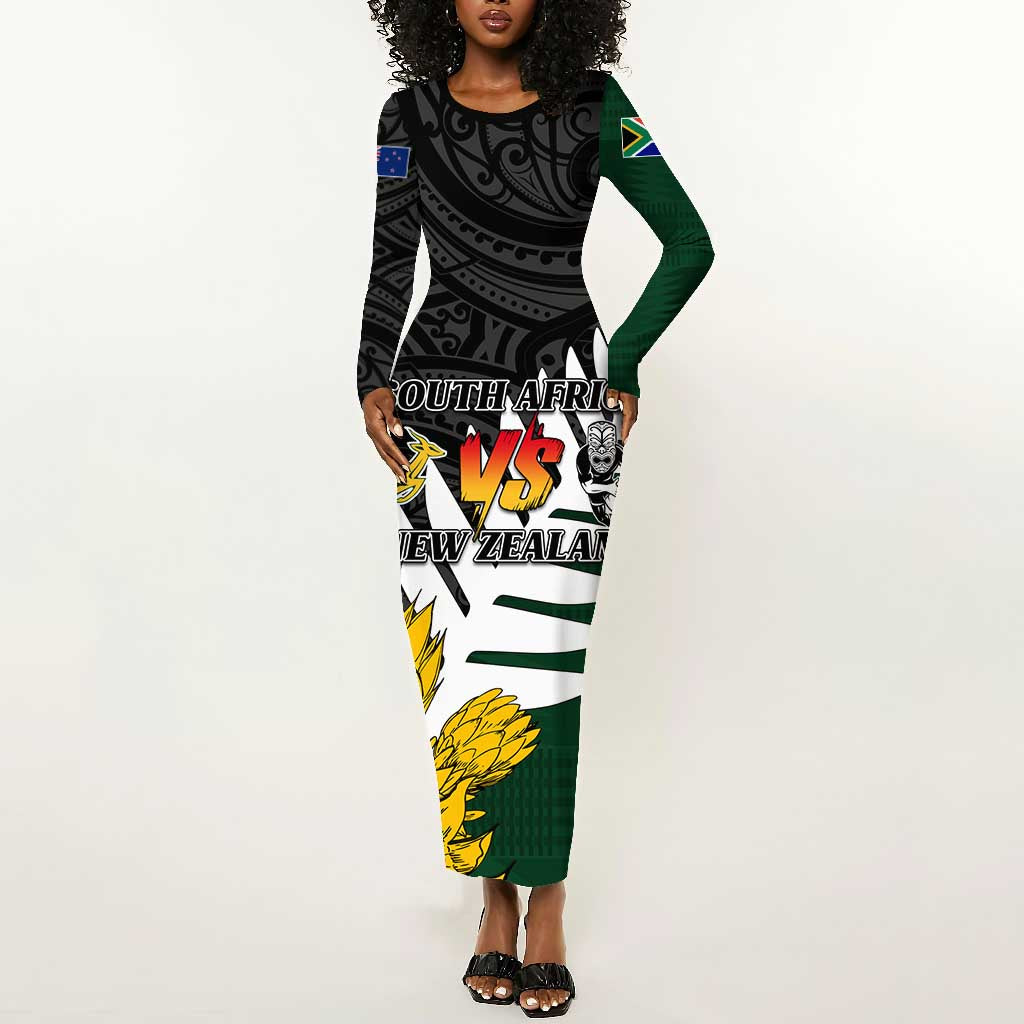 Personalised New Zealand Vs South Africa Rugby Long Sleeve Bodycon Dress Rivals - Tribal Style LT7