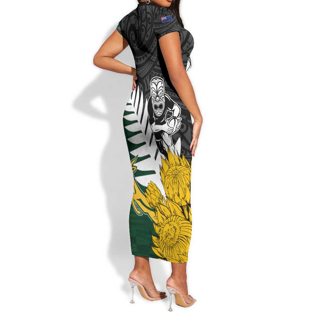 Personalised New Zealand Vs South Africa Rugby Short Sleeve Bodycon Dress Rivals - Tribal Style LT7