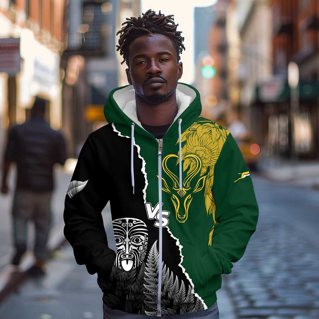 Personalised New Zealand Vs South Africa Rugby Zip Hoodie Rivals Dynamics