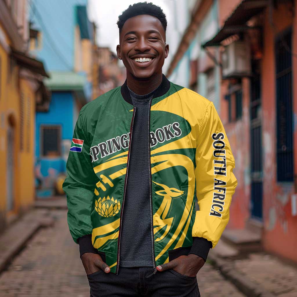 Personalised South Africa Rugby Sleeve Zip Bomber Jacket Bokke Champions Sporty Dynamics