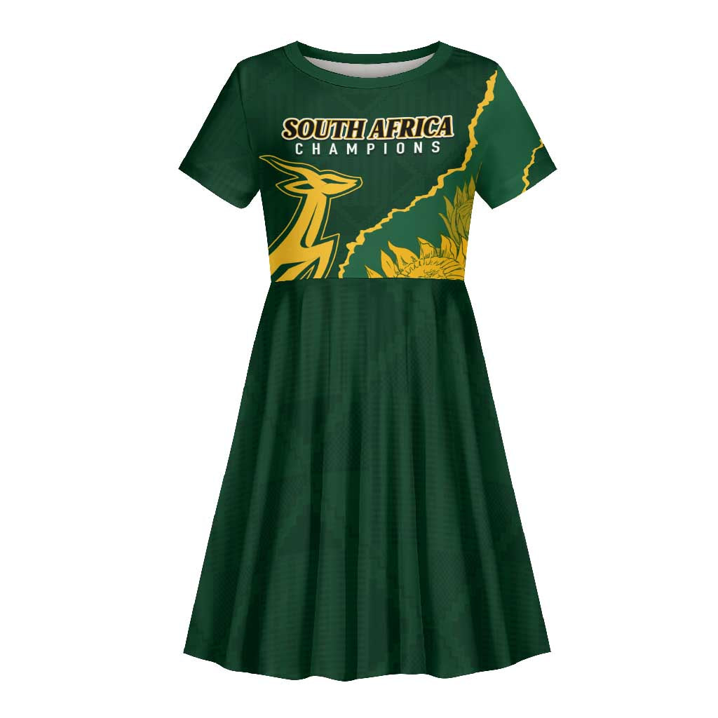 Personalised South Africa Rugby 2023 Kid Short Sleeve Dress Bokke Champions Kente Ethnic
