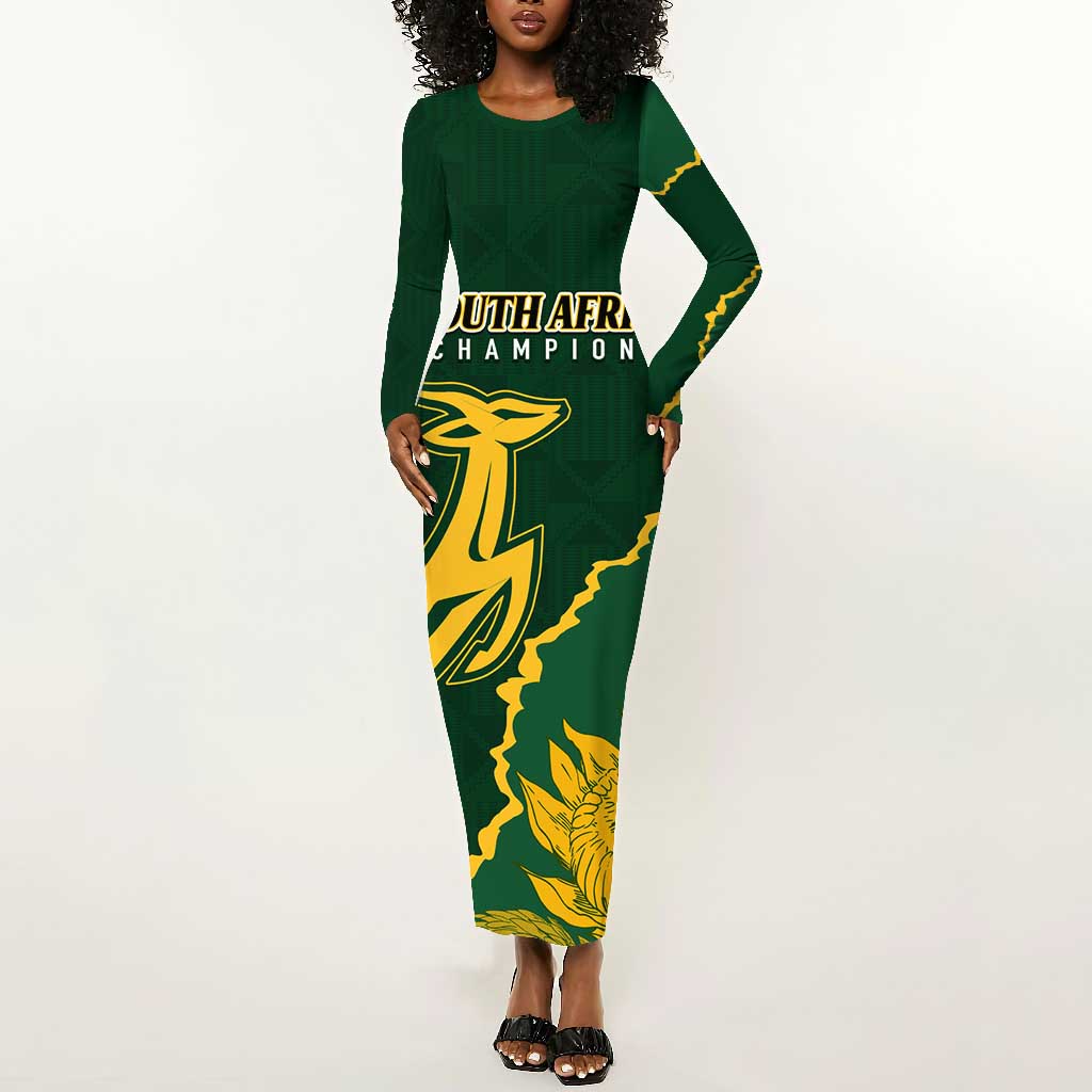 Personalised South Africa Rugby 2023 Long Sleeve Bodycon Dress Bokke Champions Kente Ethnic LT7