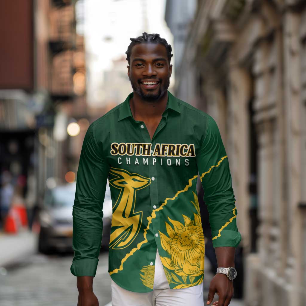 Personalised South Africa Rugby 2023 Long Sleeve Button Shirt Bokke Champions Kente Ethnic