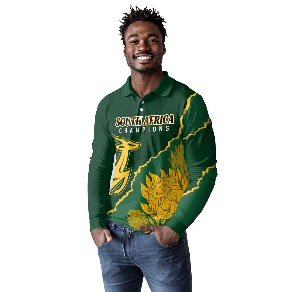 Personalised South Africa Rugby 2023 Long Sleeve Polo Shirt Bokke Champions Kente Ethnic