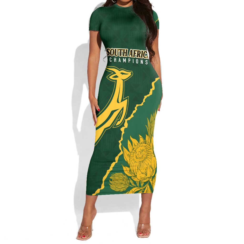 Personalised South Africa Rugby 2023 Short Sleeve Bodycon Dress Bokke Champions Kente Ethnic LT7