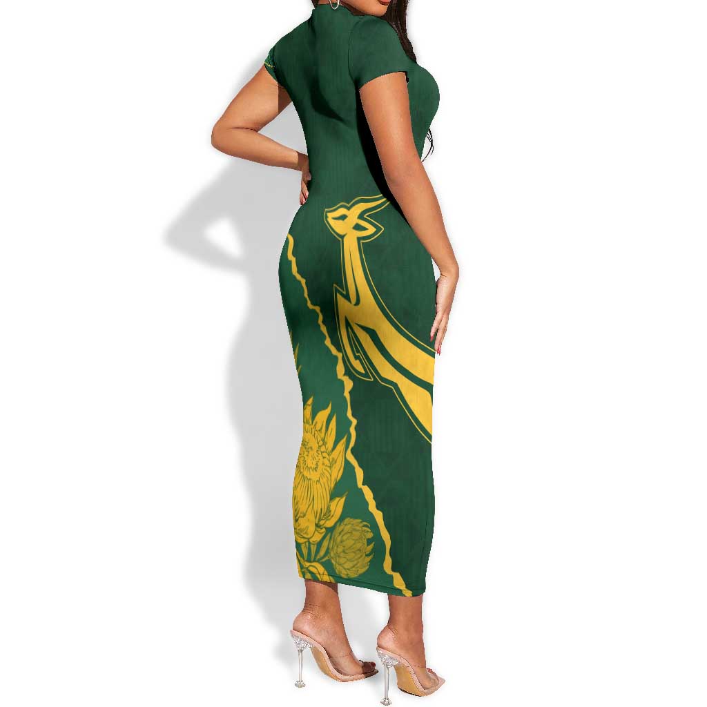Personalised South Africa Rugby 2023 Short Sleeve Bodycon Dress Bokke Champions Kente Ethnic LT7