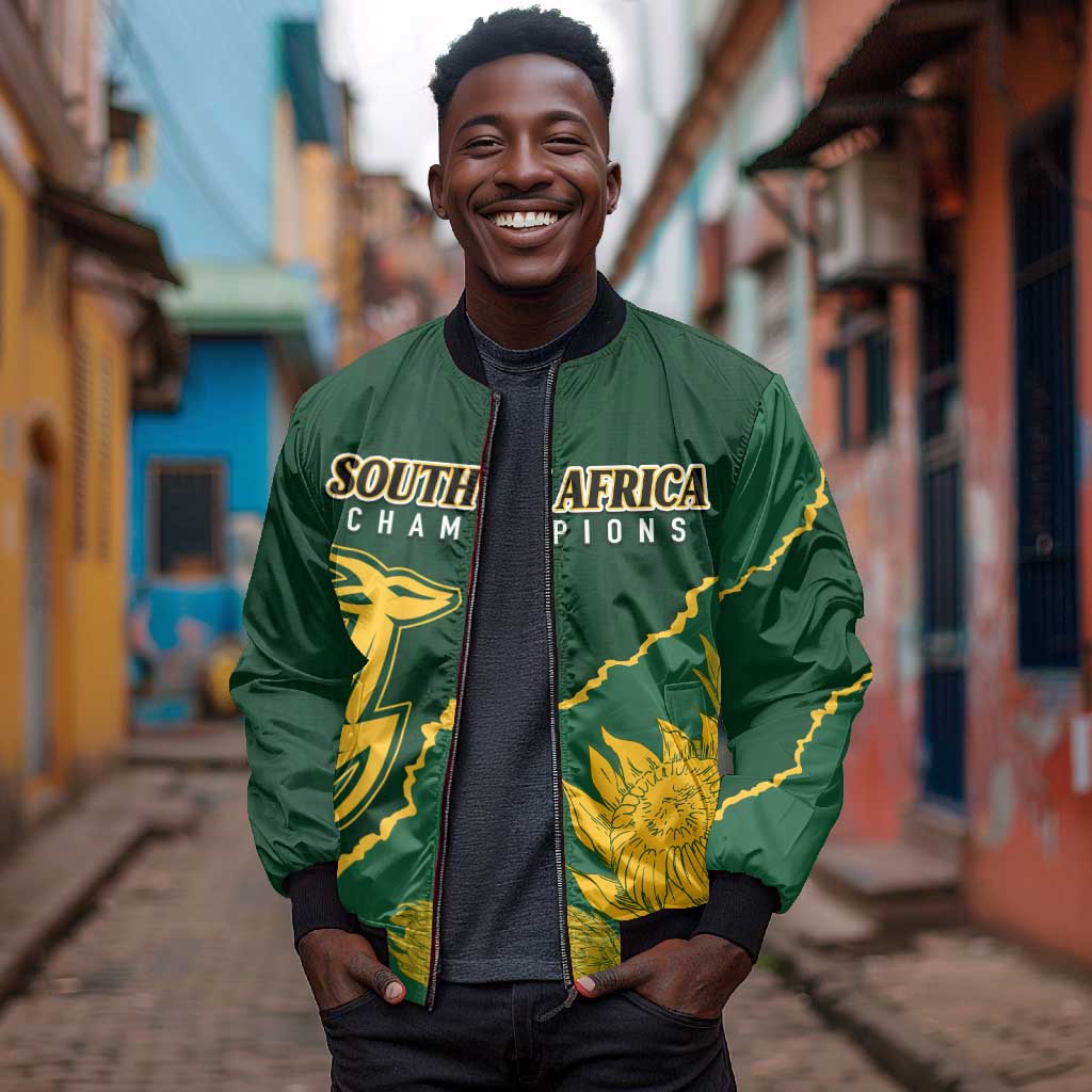 Personalised South Africa Rugby 2023 Sleeve Zip Bomber Jacket Bokke Champions Kente Ethnic