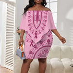 Afro Breast Cancer Awareness Dashiki Off Shoulder Short Dress Glamorous Pink - African Pride
