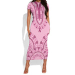 Afro Breast Cancer Awareness Dashiki Short Sleeve Bodycon Dress Glamorous Pink - African Pride