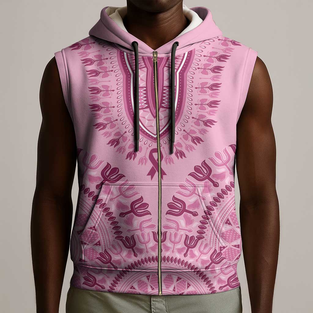 Afro Breast Cancer Awareness Dashiki Sleeveless Zip Hoodie Glamorous Pink - African Pride