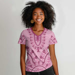 Afro Breast Cancer Awareness Dashiki Women V-Neck T-Shirt Glamorous Pink - African Pride