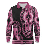 Breast Cancer Awareness Pink Ribbon Afro Long Sleeve Polo Shirt Dashiki Style - African Pride