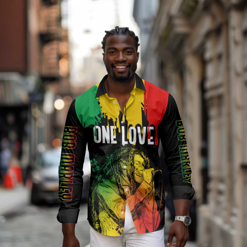 Jamaica Reggae King Long Sleeve Button Shirt Sketch Style One Love