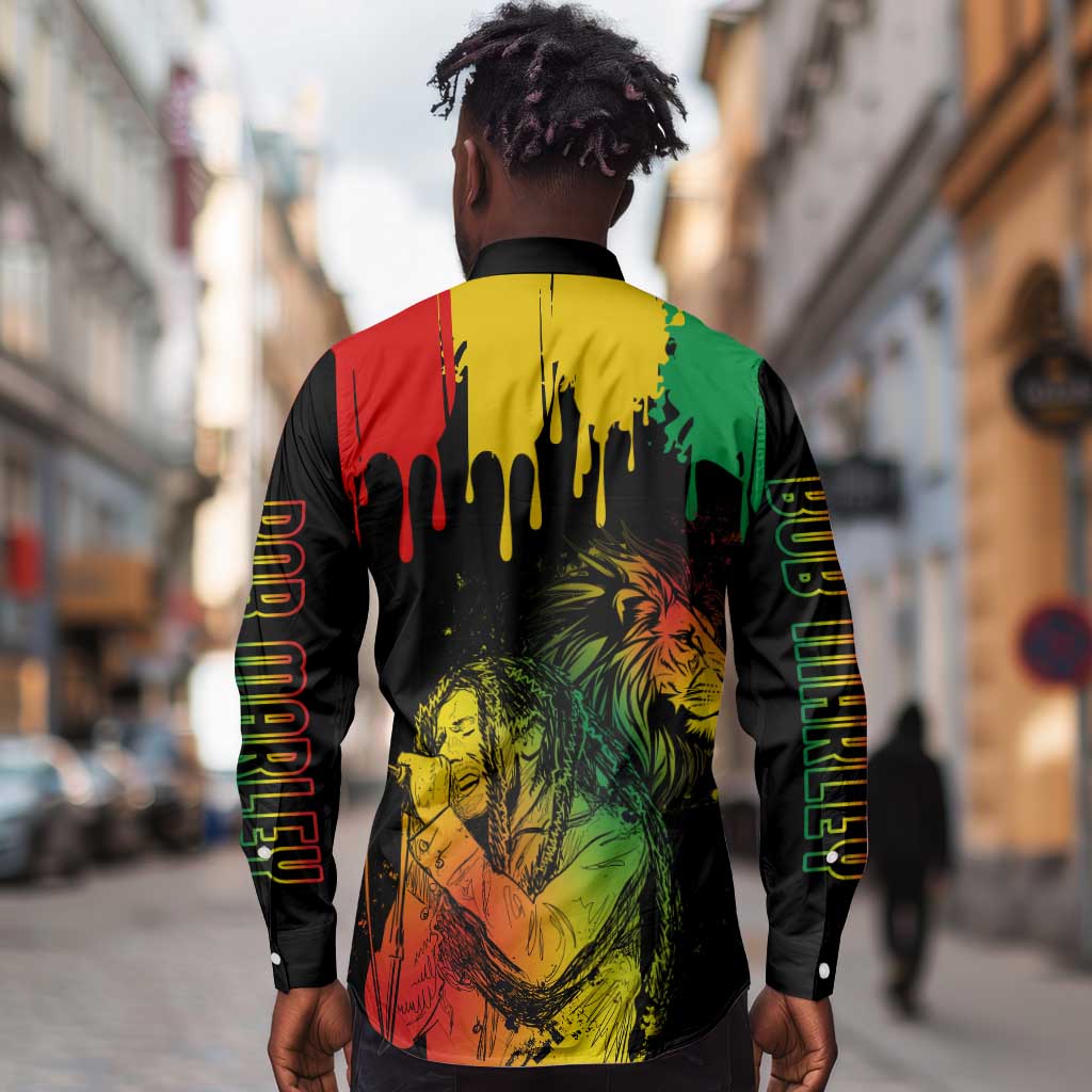 Jamaica Reggae King Long Sleeve Button Shirt Sketch Style One Love