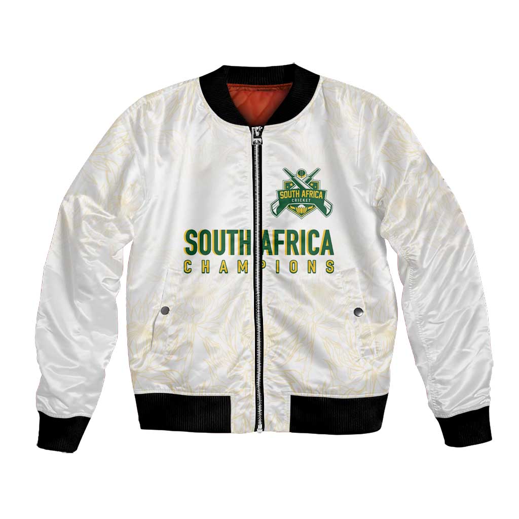 Custom South Africa Cricket Champion Bomber Jacket Gold Proteas - All White - African Pride
