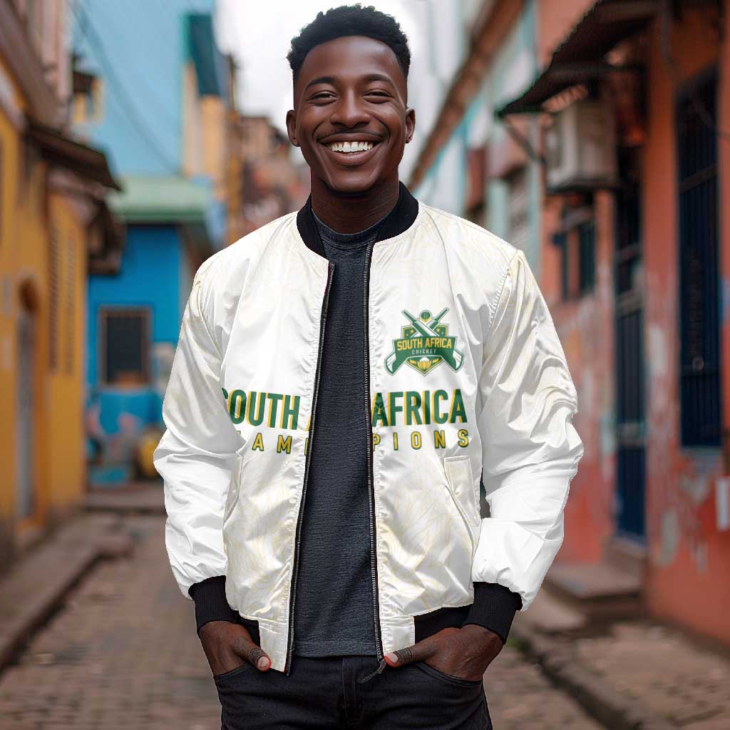 Custom South Africa Cricket Champion Bomber Jacket Gold Proteas - All White - African Pride