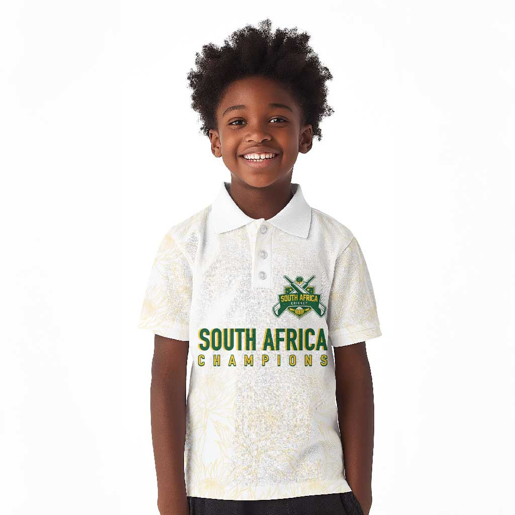 Custom South Africa Cricket Champion Kid Polo Shirt Gold Proteas - All White - African Pride
