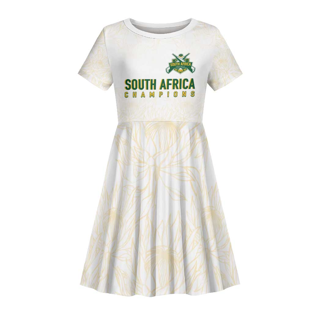 Custom South Africa Cricket Champion Kid Short Sleeve Dress Gold Proteas - All White - African Pride