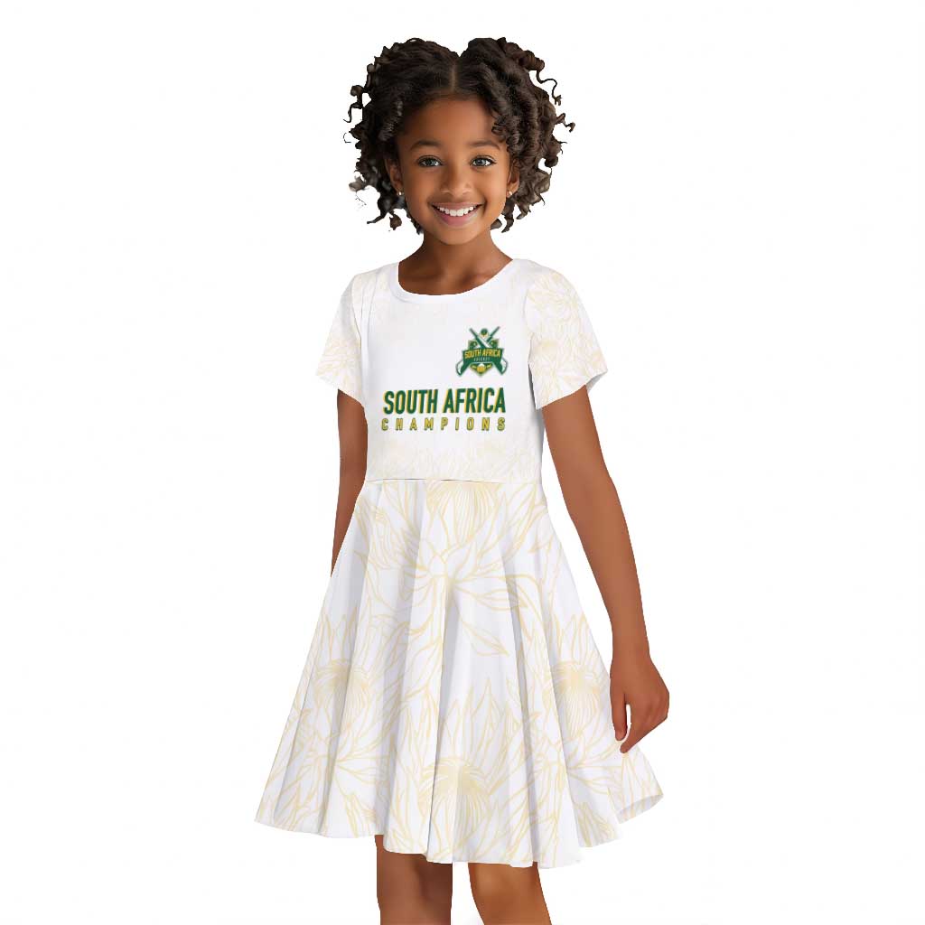 Custom South Africa Cricket Champion Kid Short Sleeve Dress Gold Proteas - All White - African Pride