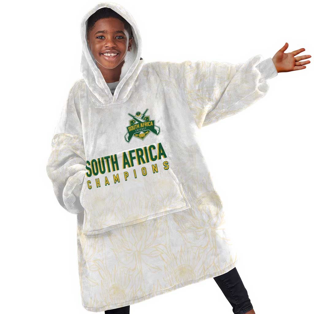 Custom South Africa Cricket Champion Kid Wearable Blanket Hoodie Gold Proteas - All White - African Pride