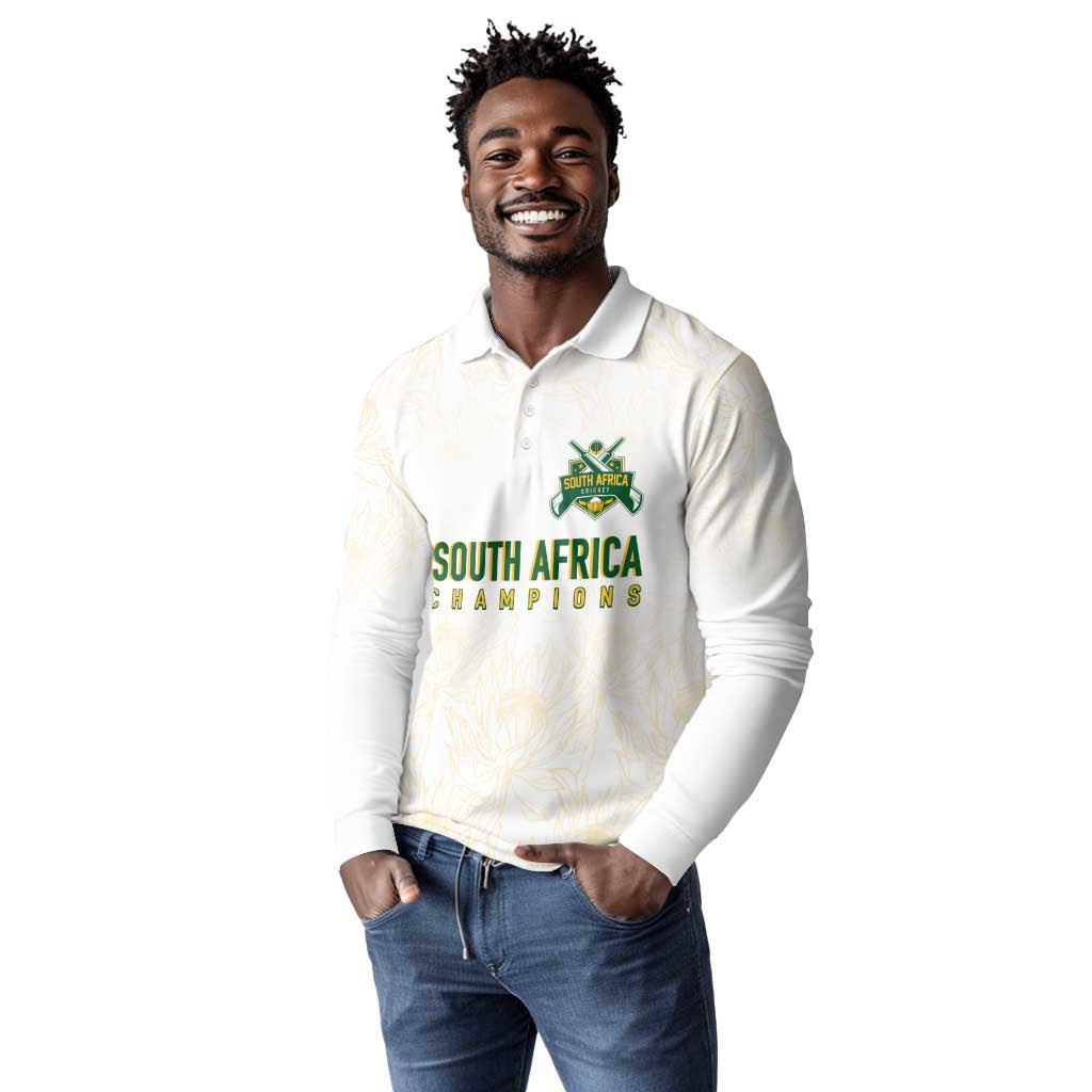 Custom South Africa Cricket Champion Long Sleeve Polo Shirt Gold Proteas - All White - African Pride