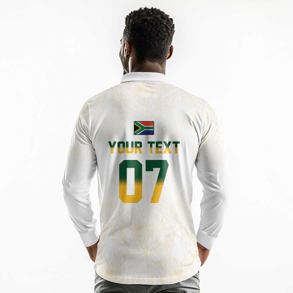 Custom South Africa Cricket Champion Long Sleeve Polo Shirt Gold Proteas - All White - African Pride