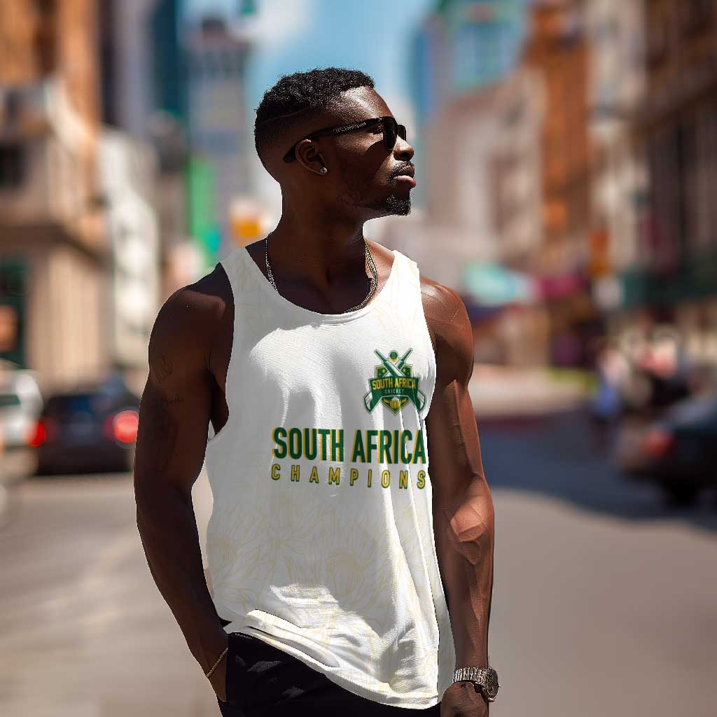 Custom South Africa Cricket Champion Men Tank Top Gold Proteas - All White - African Pride
