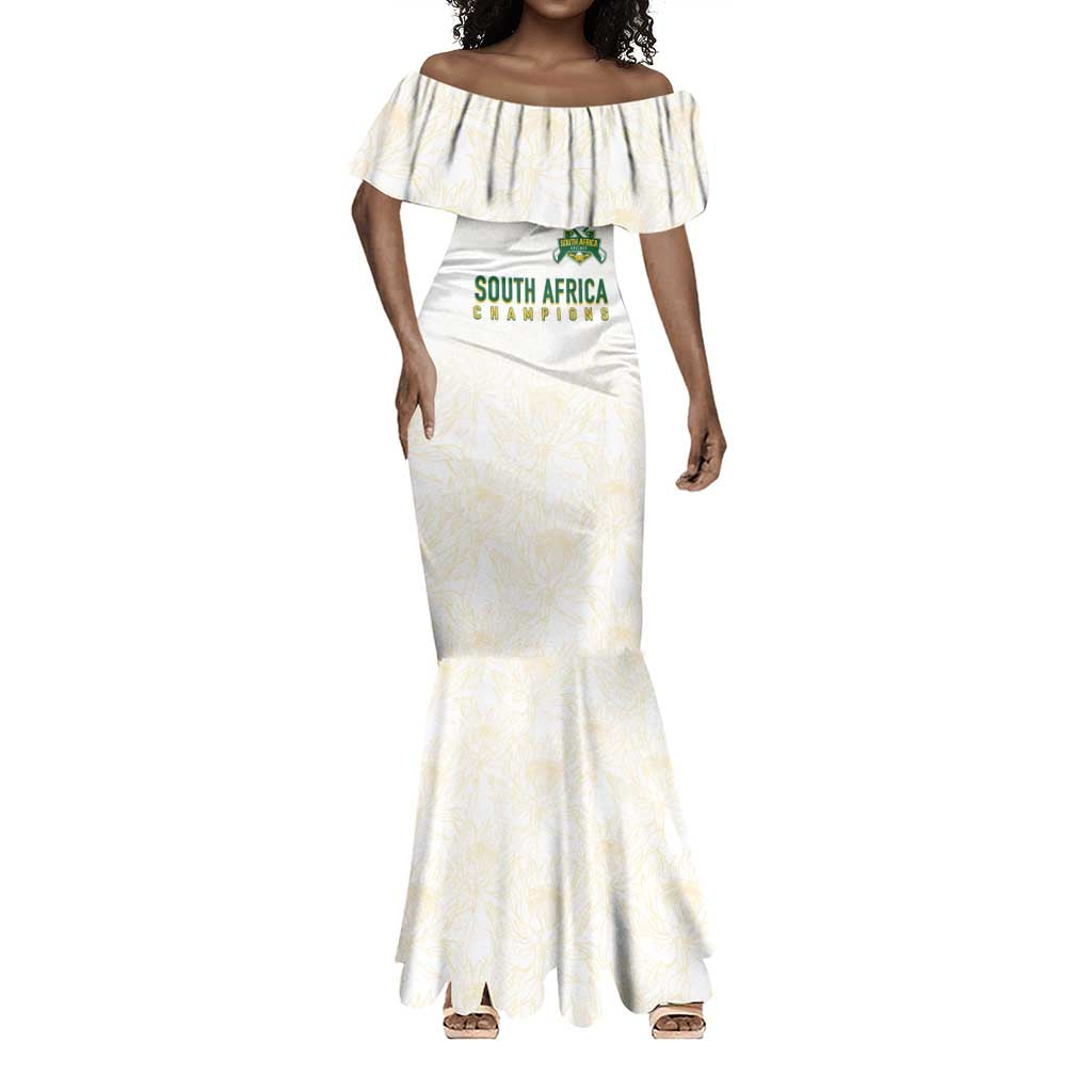 Custom South Africa Cricket Champion Mermaid Dress Gold Proteas - All White - African Pride