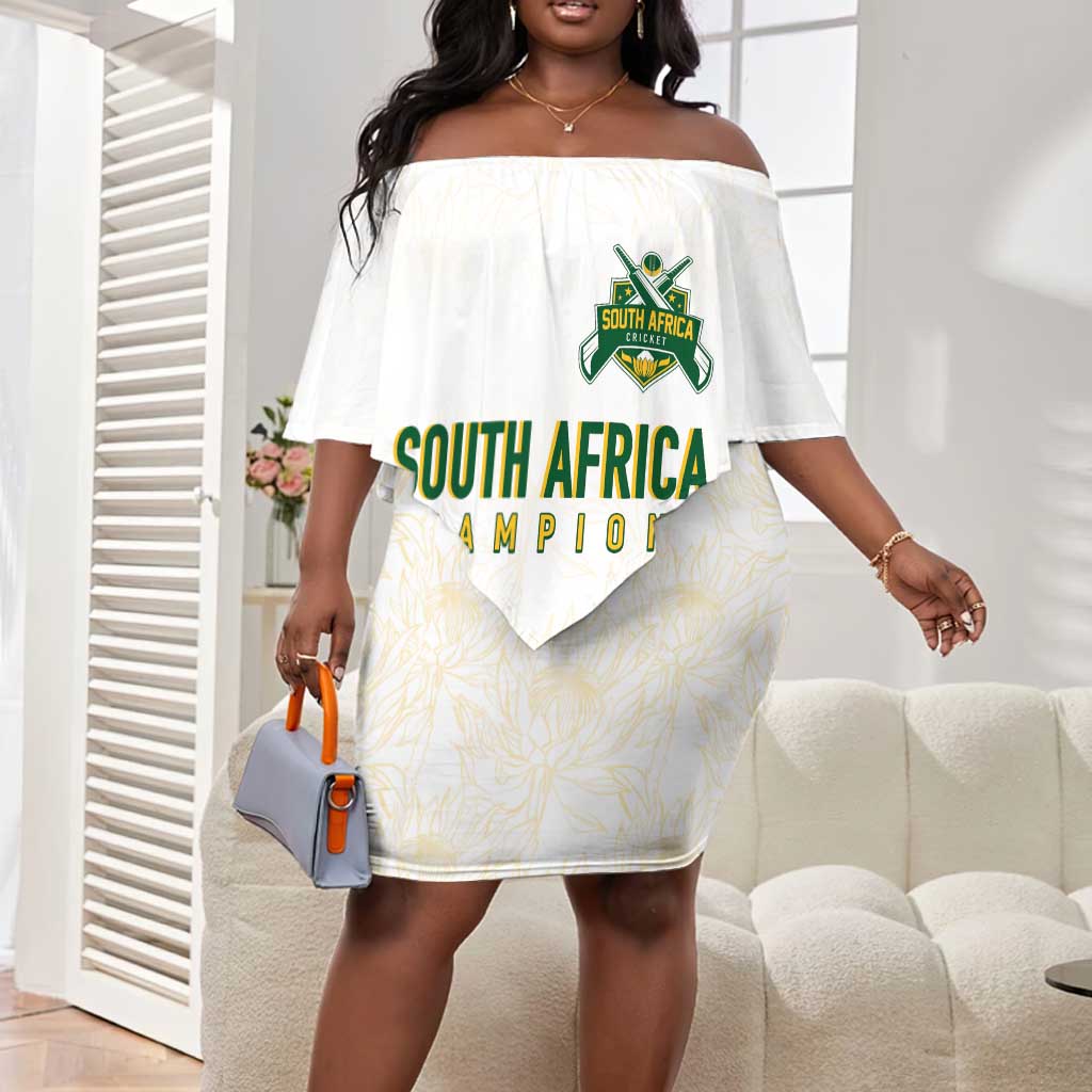 Custom South Africa Cricket Champion Off Shoulder Short Dress Gold Proteas - All White - African Pride
