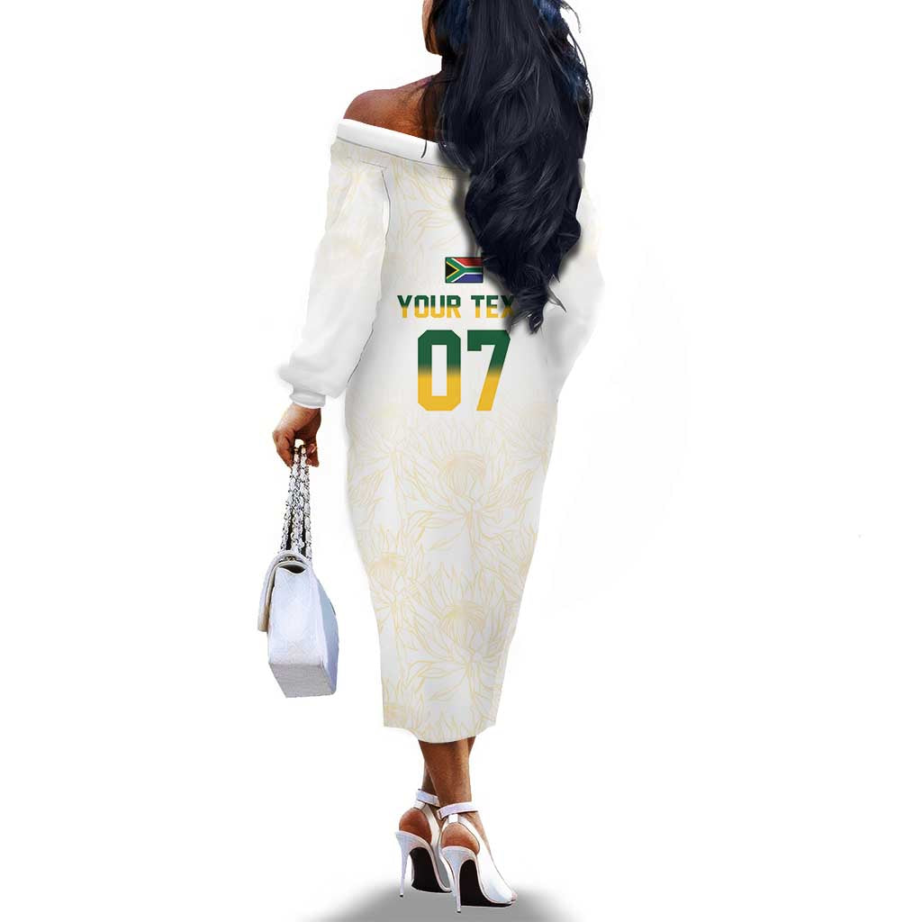 Custom South Africa Cricket Champion Off The Shoulder Long Sleeve Dress Gold Proteas - All White - African Pride