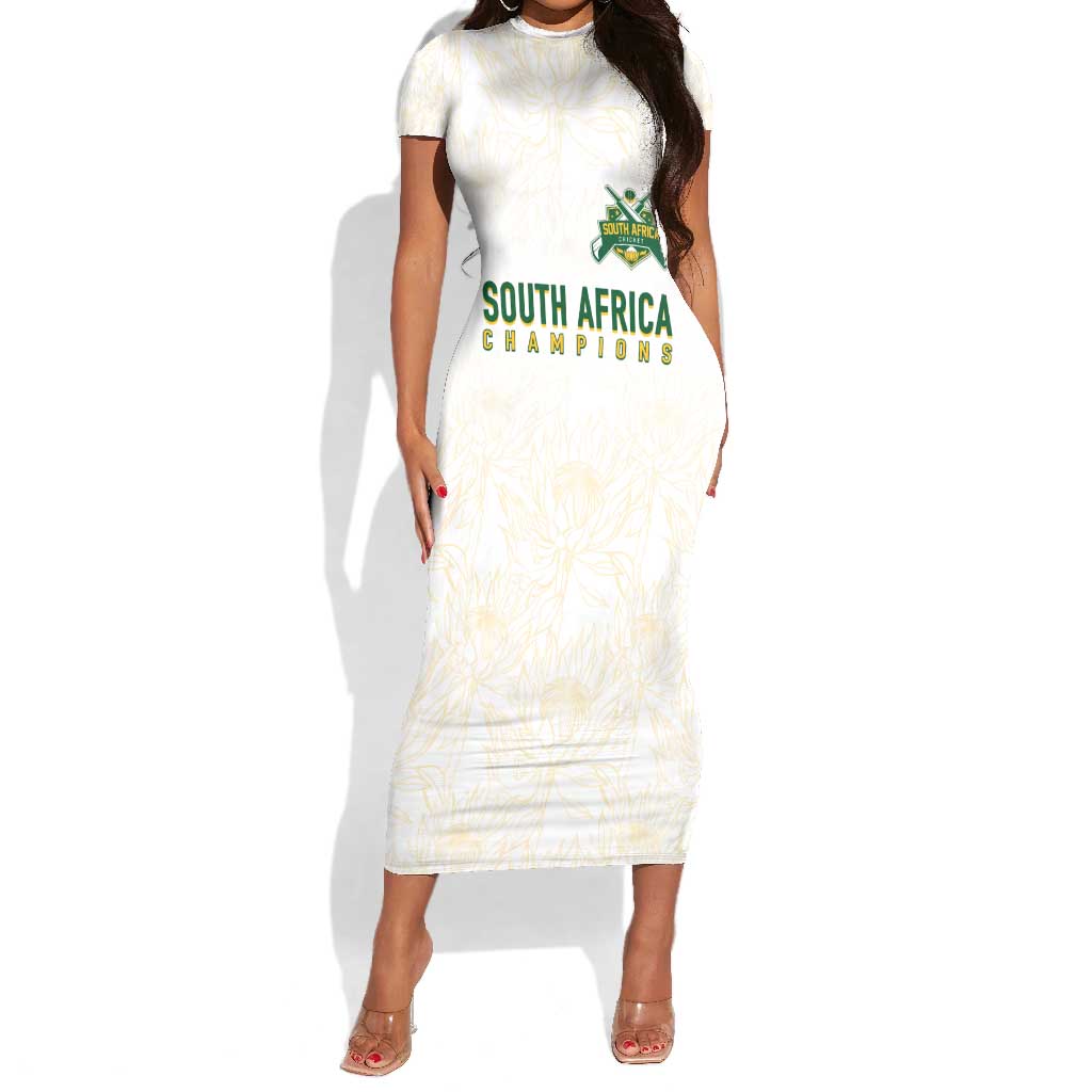 Custom South Africa Cricket Champion Short Sleeve Bodycon Dress Gold Proteas - All White - African Pride