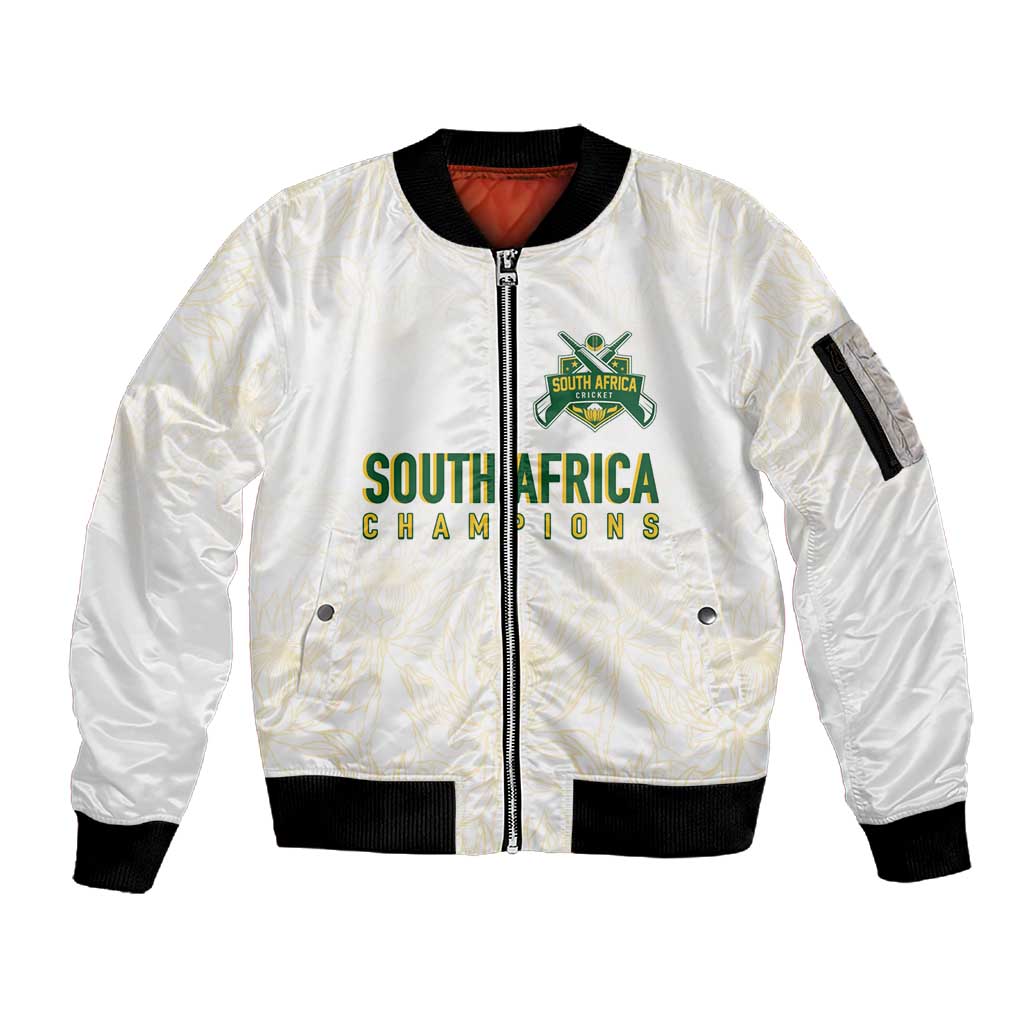 Custom South Africa Cricket Champion Sleeve Zip Bomber Jacket Gold Proteas - All White - African Pride