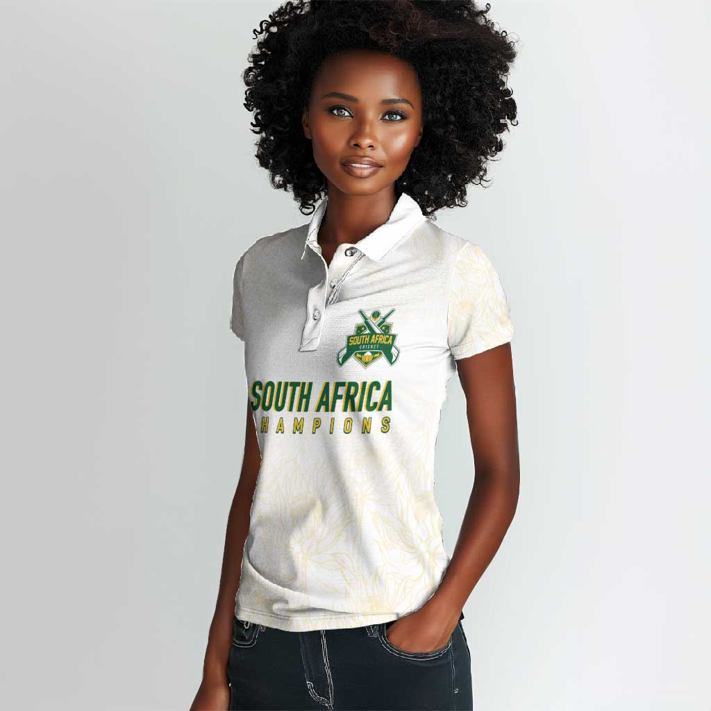 Custom South Africa Cricket Champion Women Polo Shirt Gold Proteas - All White - African Pride